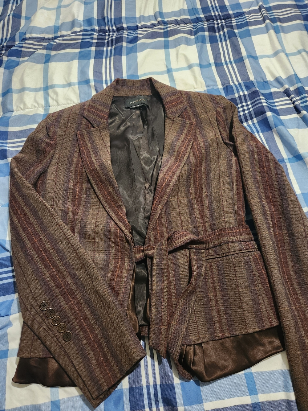 Bcbgmaxazria Plaid Striped Brown Belted Blazer